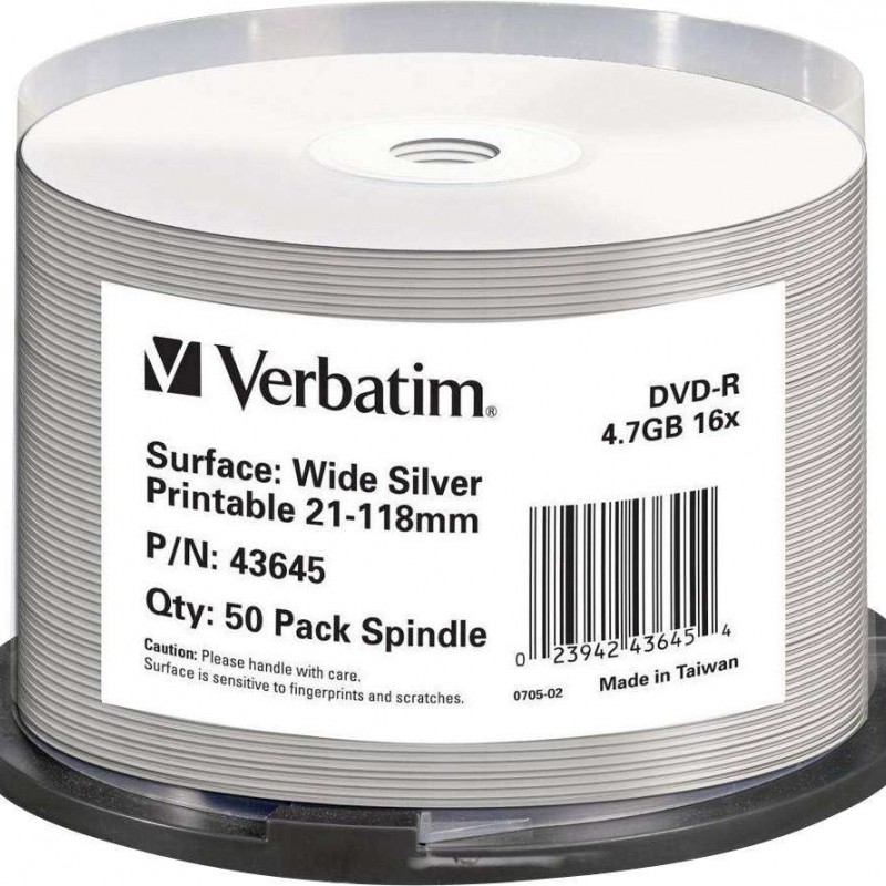 Verbatim DataLifePlus DVD-R 4,7GB 16x, wide silver inkjet printable, 1x50 Verbatim D-178768