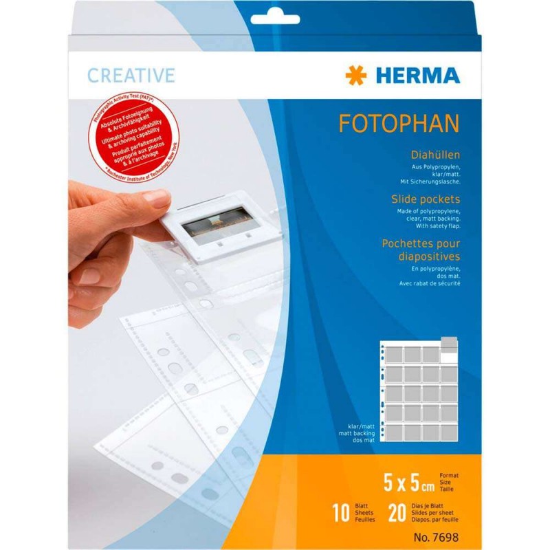 Vrečke za shranjevanje diapozitivov Herma Slide Pockets, 5x5, 10 listov, prozorne/mat 7698 Herma Vrečke za shranjevanje diapozitivov Herma Slide Pockets, 5x5, 10 listov, prozorne/mat 7698 Herma D-254300